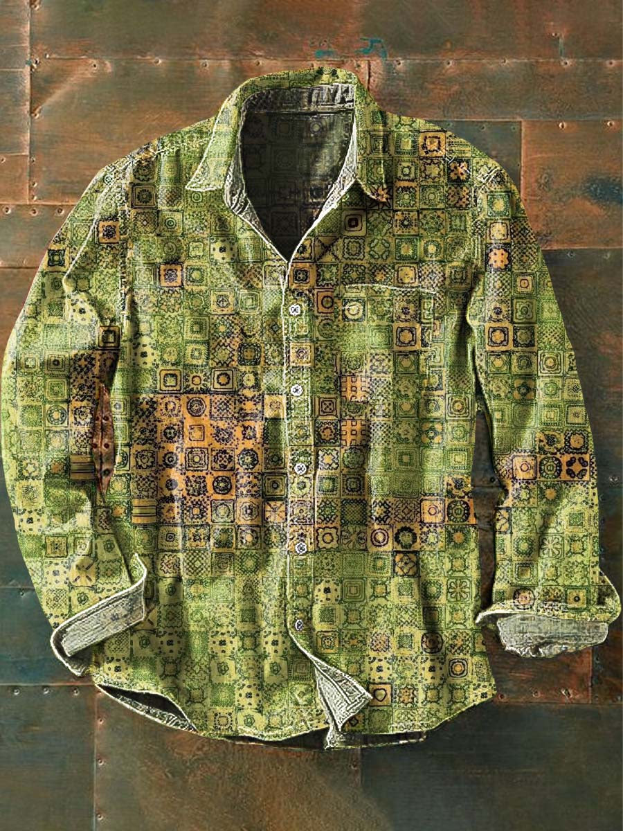 Męska koszula z długim rękawem w stylu vintage z nadrukiem w stylu vintage