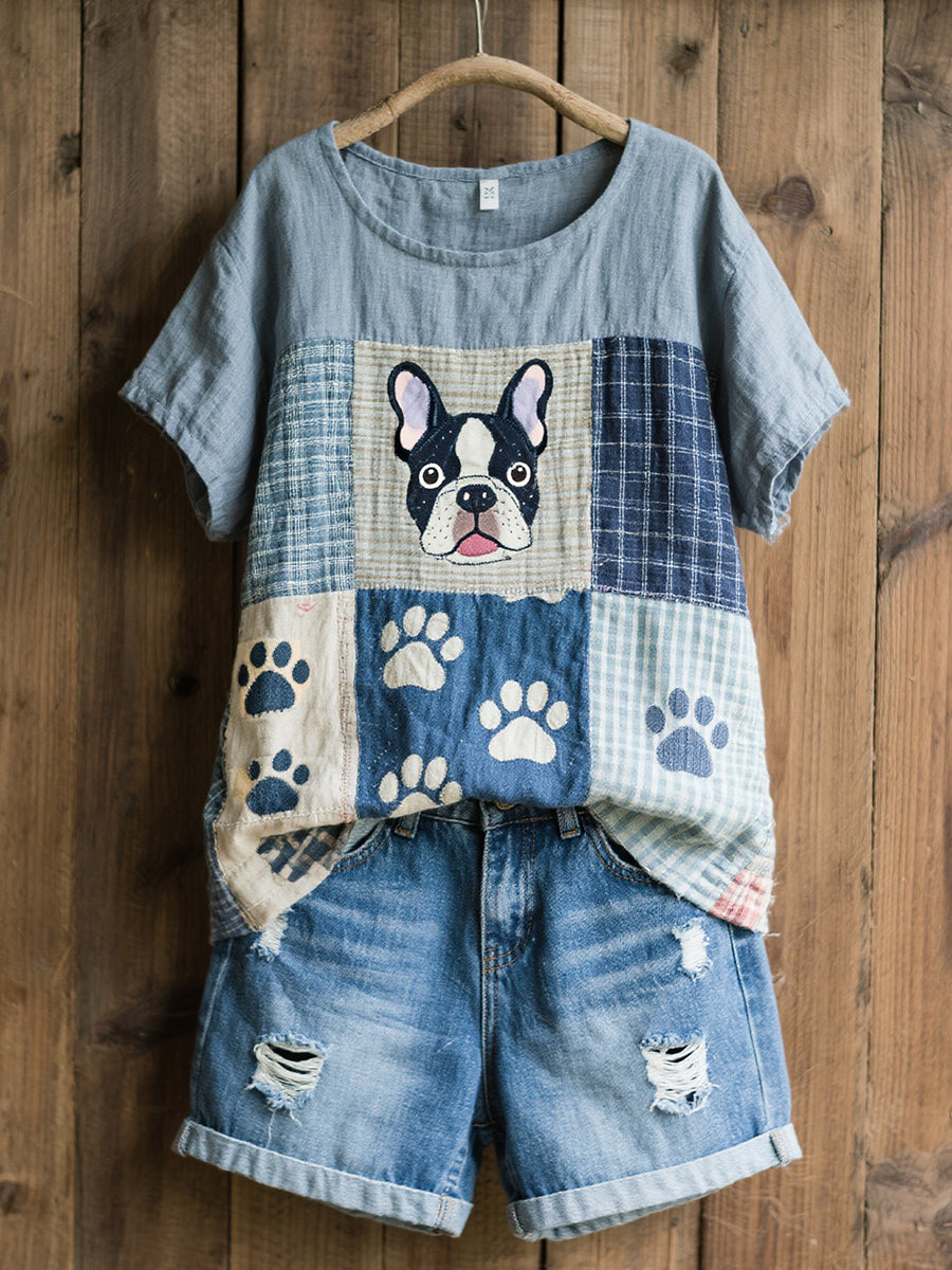 Damski piękny wzór buldoga francuskiego Patchwork Art Lniana koszula mieszana
