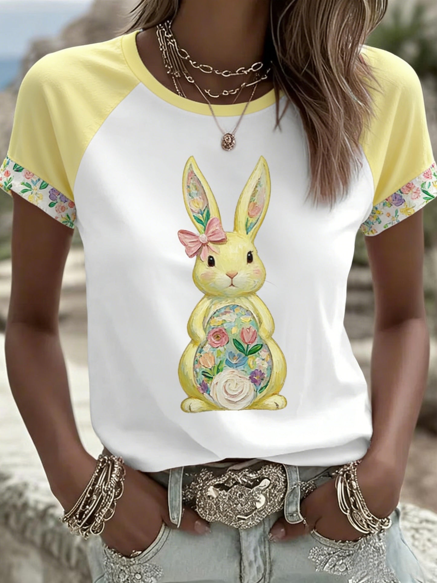 Damska koszulka z krótkim rękawem Retro Cute Bunny Easter Casual