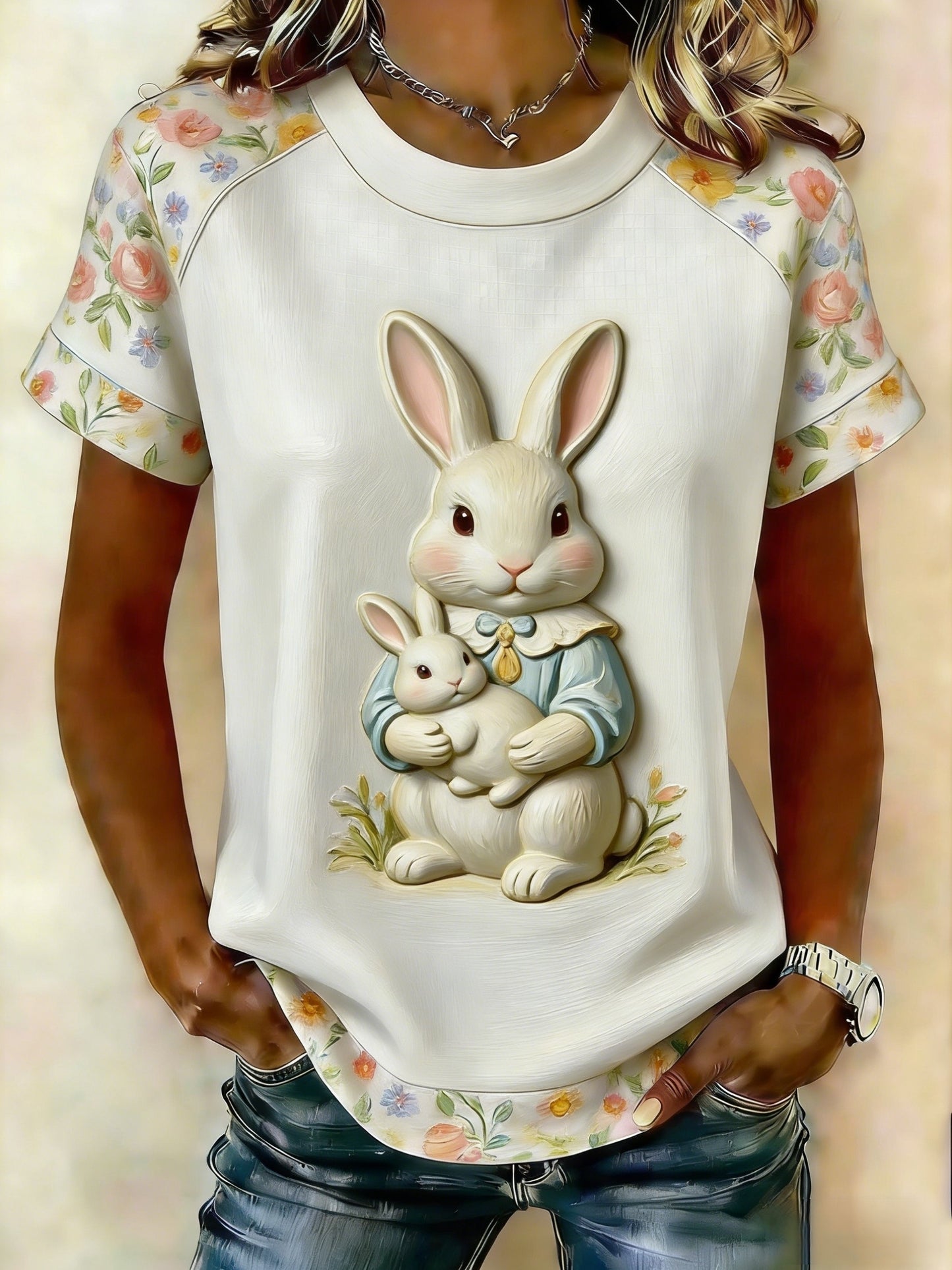 Damska koszulka z krótkim rękawem Retro Cute Bunny Easter Casual