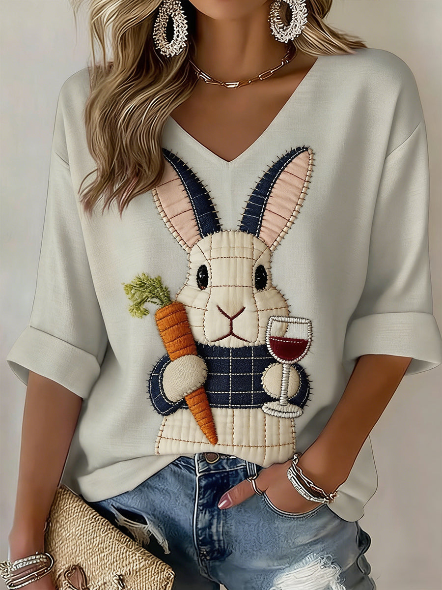 Damska koszulka z długim rękawem Easter Bunny Art V-Neck