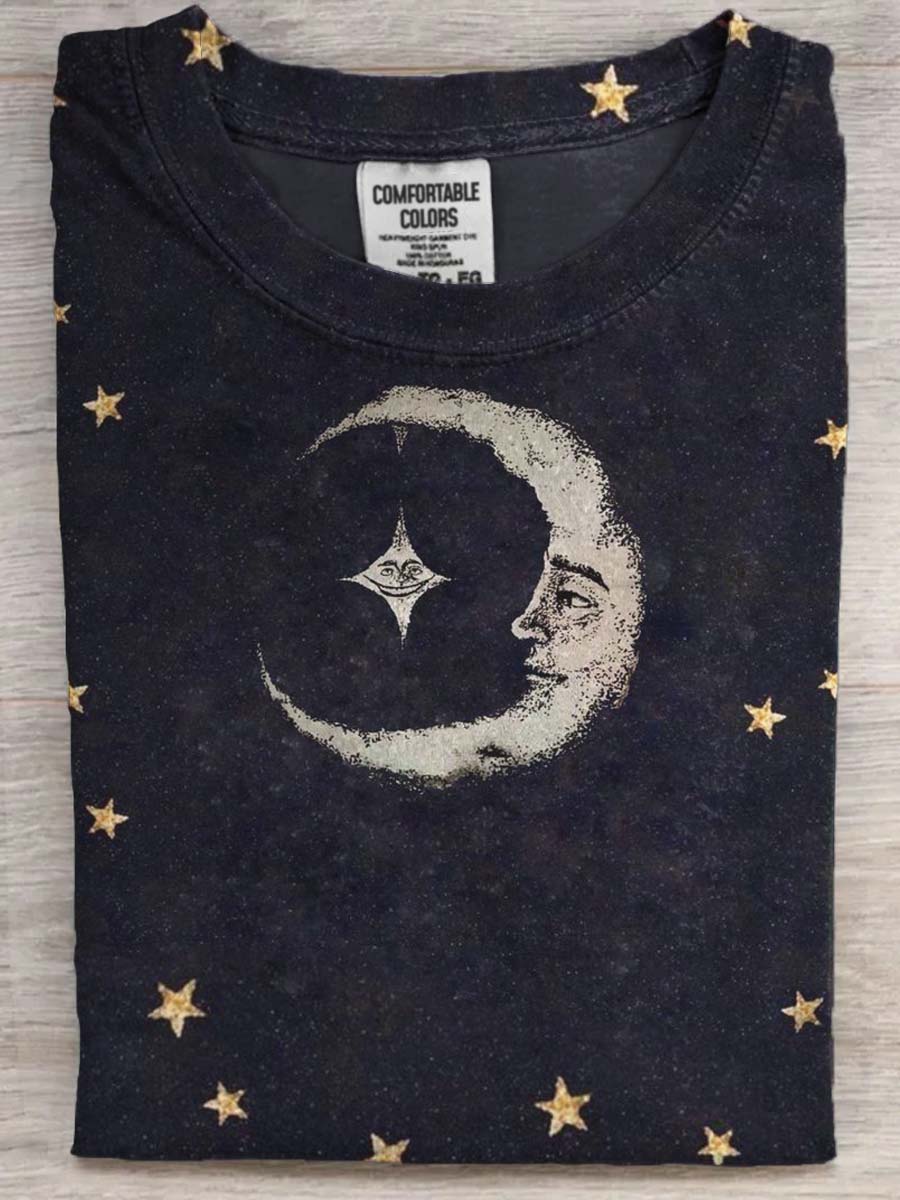 Vintage abstrakcyjny Moon Star Print Casual Koszulka z krótkim rękawem