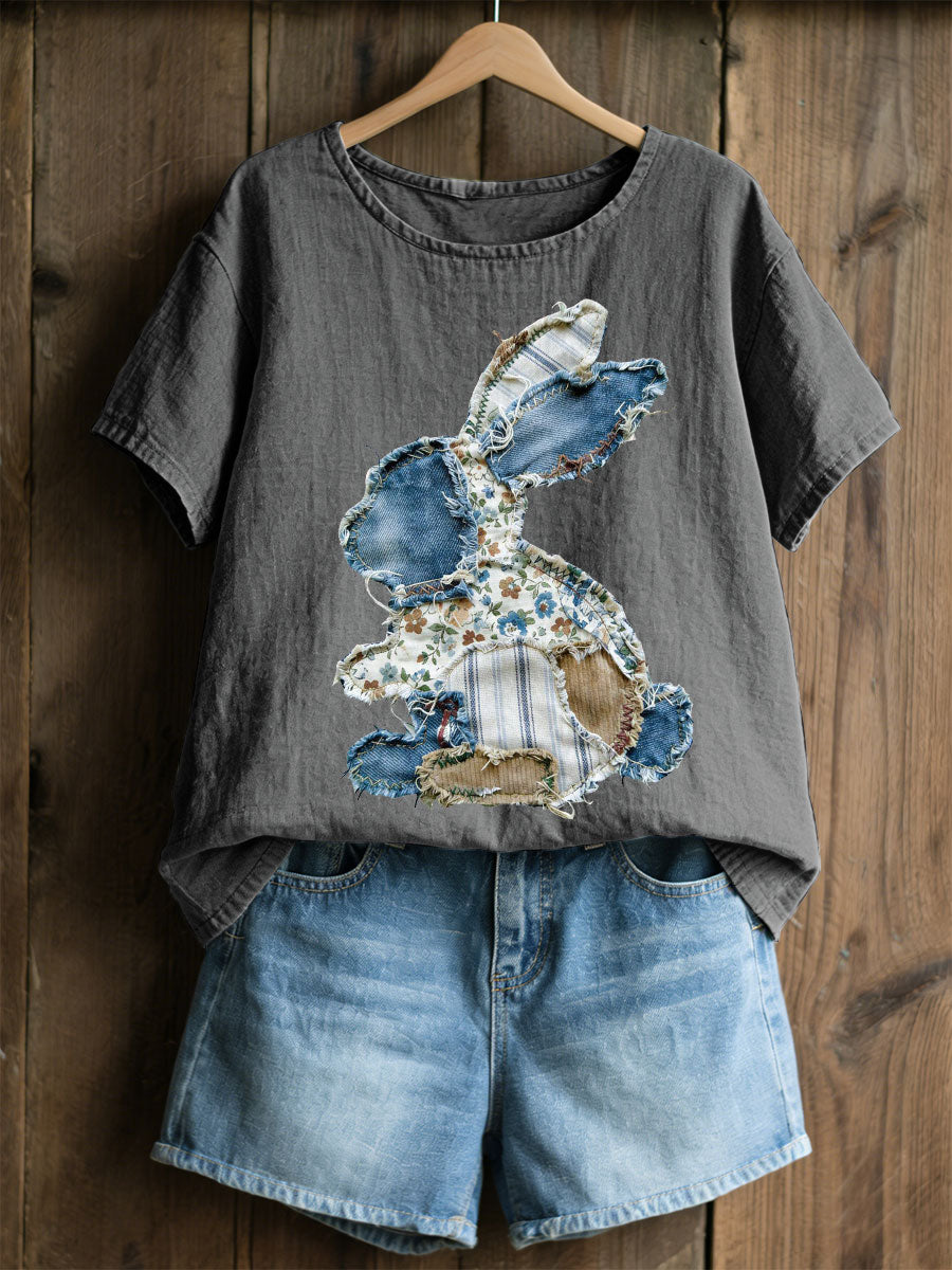 Damski Królik Patchwork Art Print Casual Top
