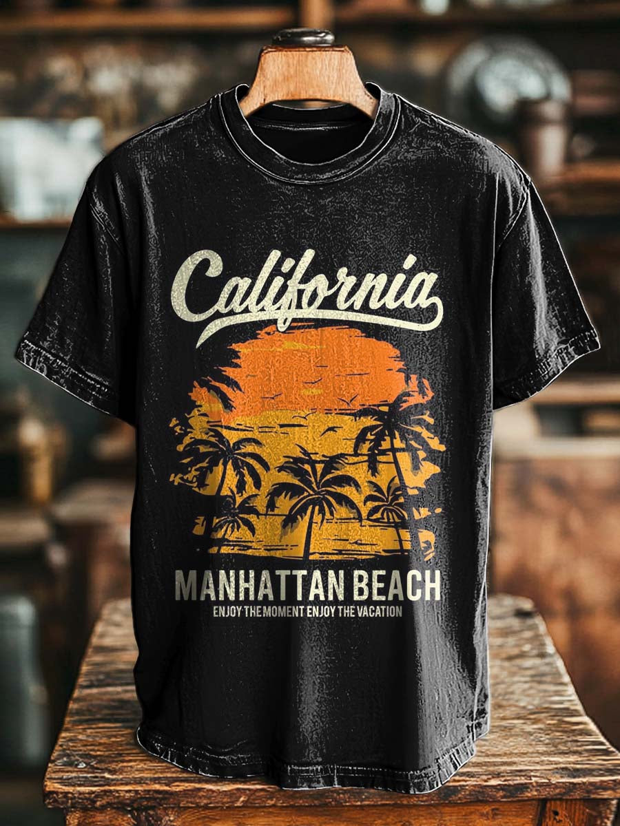 „ Manhattan Beach ”Sunset Print Casual Koszulka z krótkim rękawem