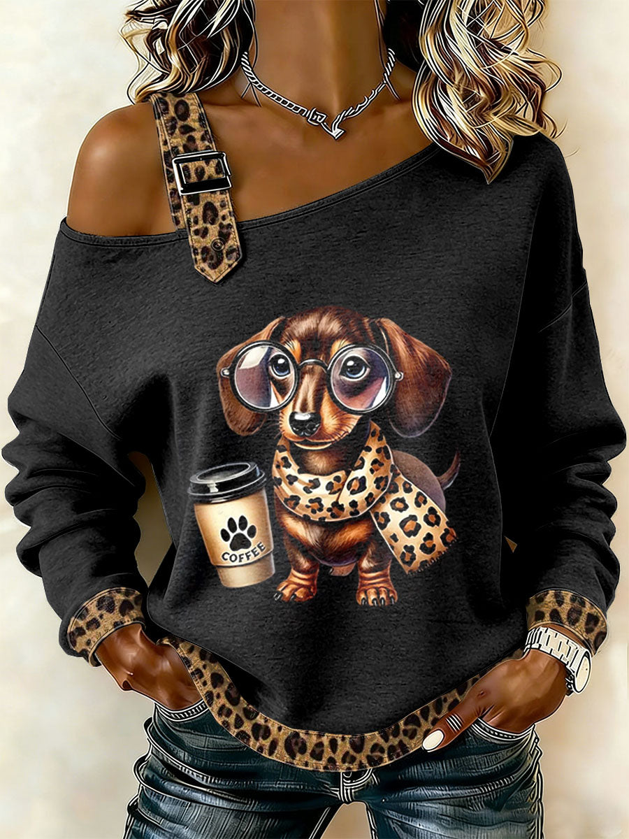 Damska bluza z motywem vintage Leopard Dog Print Casual Off-Shoulder