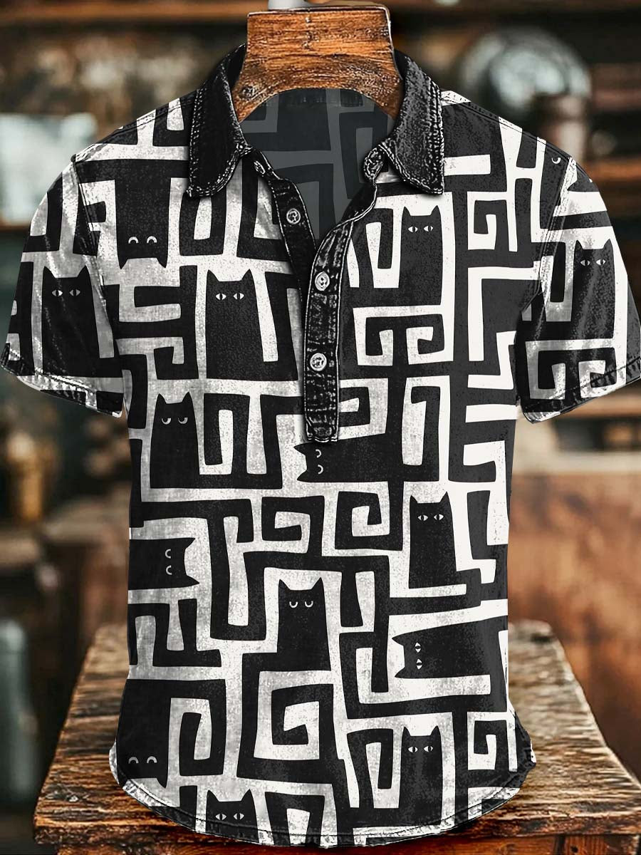 Abstrakcyjna koszulka polo z krótkim rękawem Labirynt Cat Print