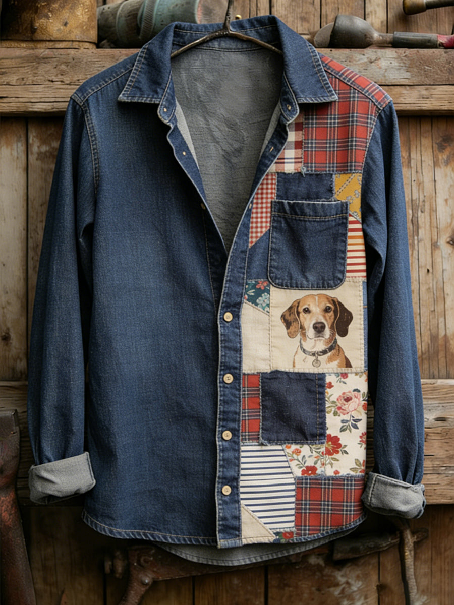 Męska koszula w stylu vintage z patchworkiem z nadrukiem