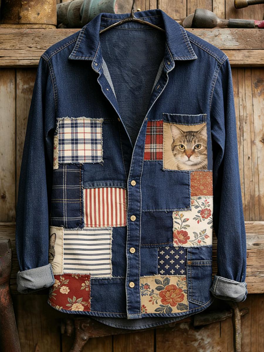 Męska koszula w stylu vintage Cat Patchwork Print Casual