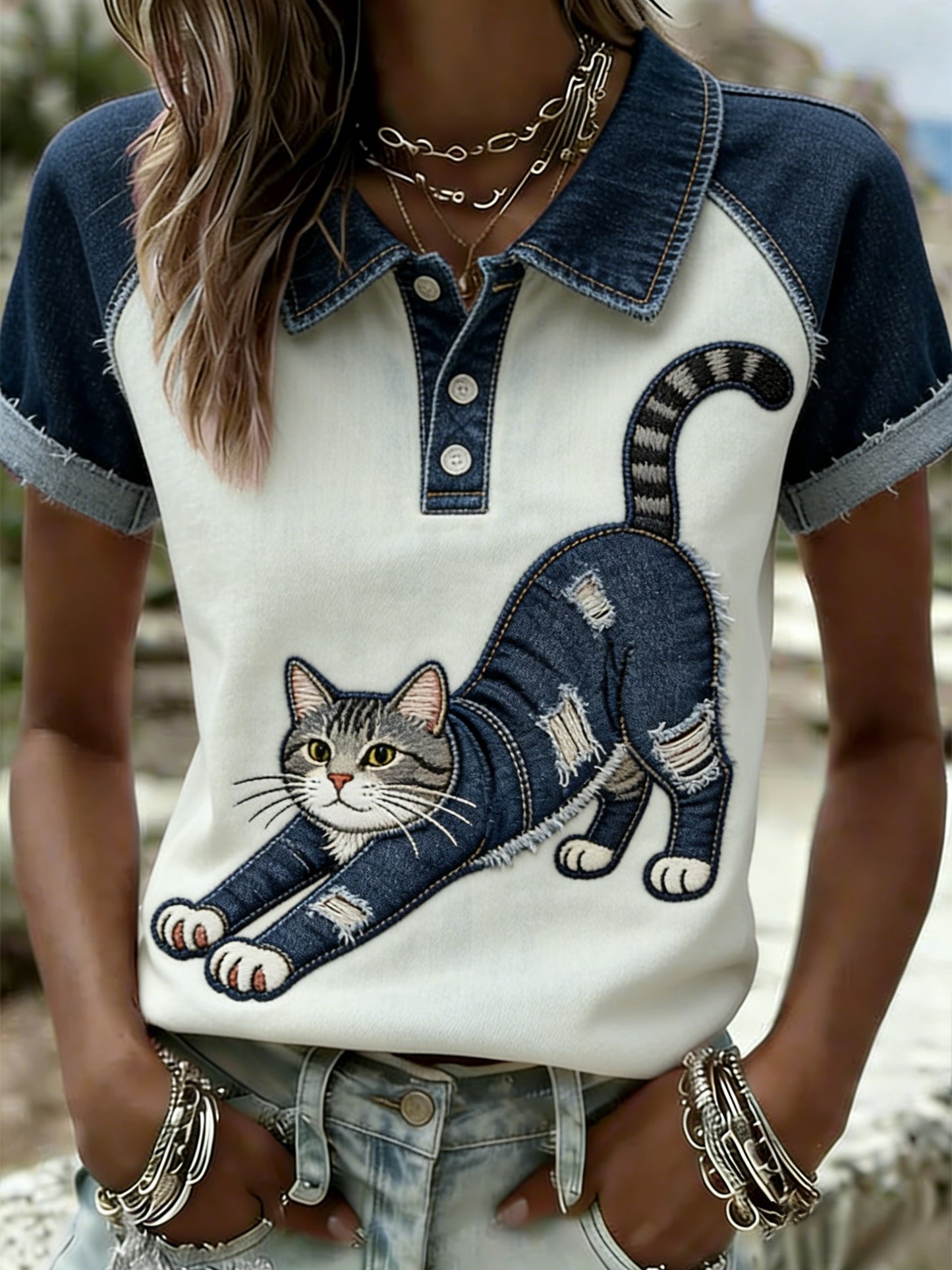 Damska koszulka polo z denimem w stylu retro w stylu cat