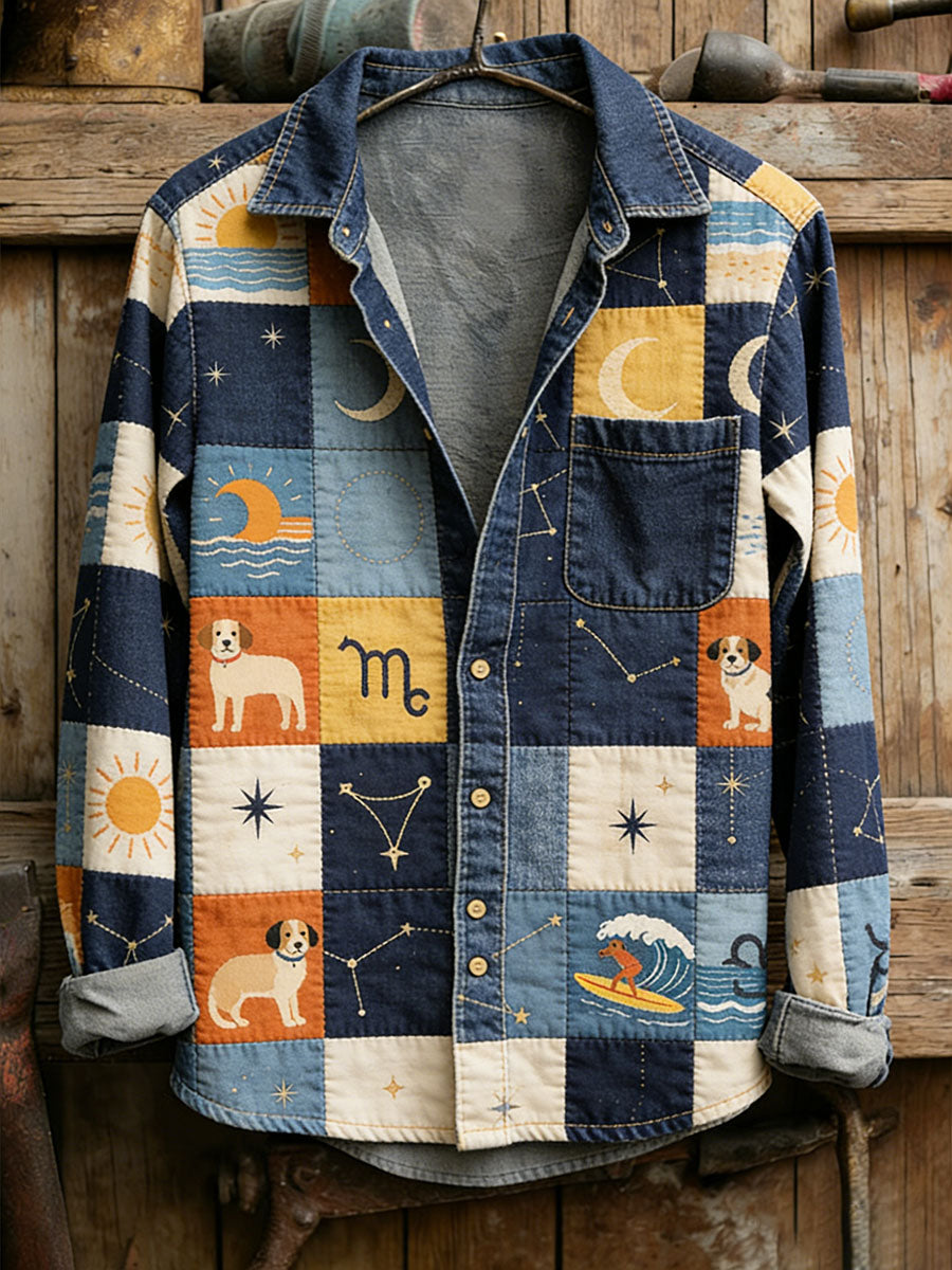 Męska koszula w stylu vintage Cat Patchwork Print Casual