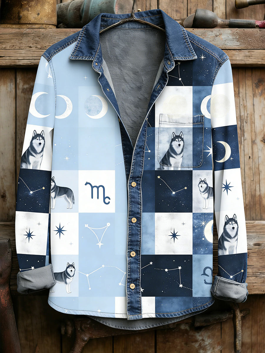 Męska koszula w stylu vintage Cat Patchwork Print Casual