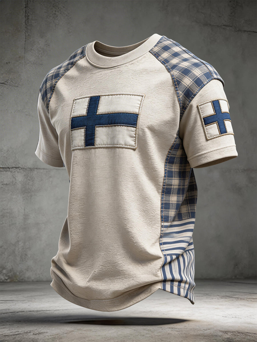 Męski T-shirt z flagą Finlandii w patchworkowym wzorze