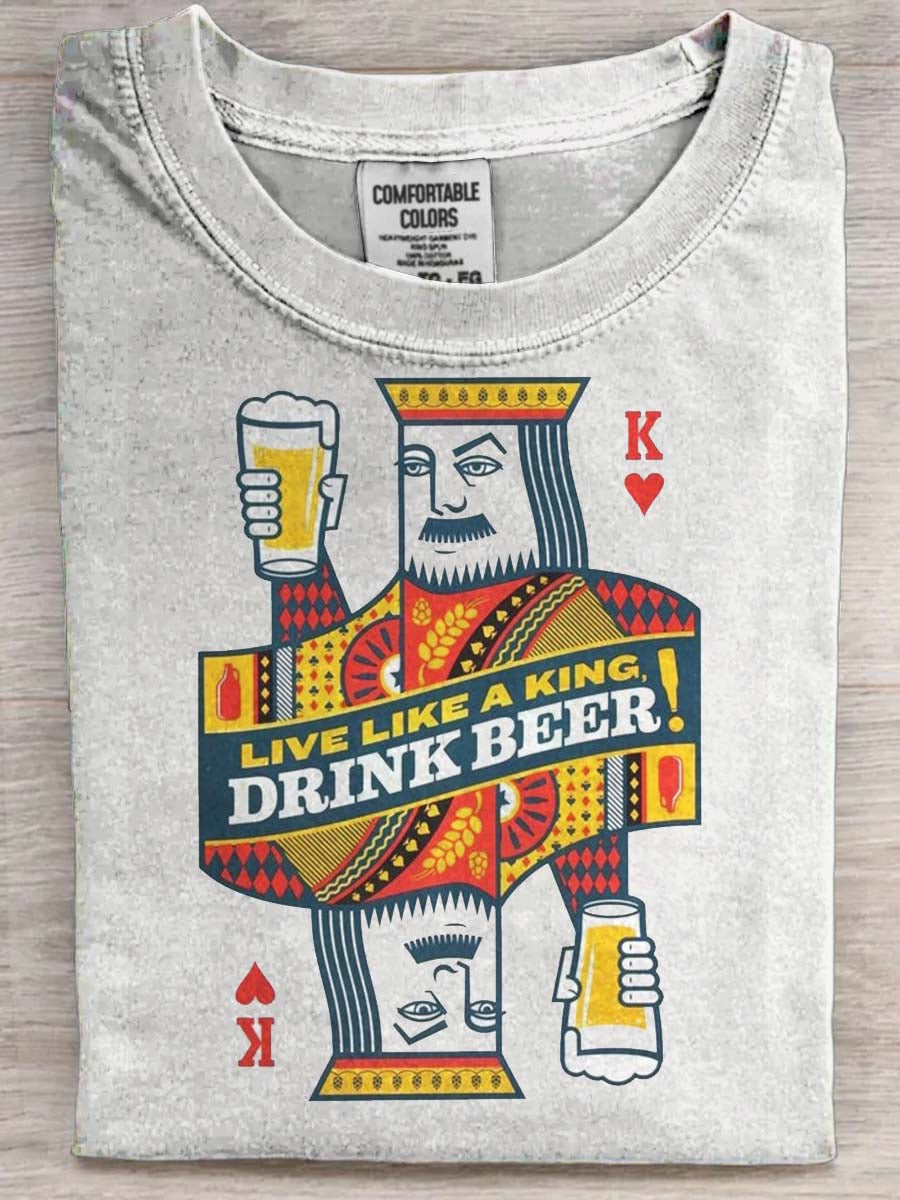 Funny Beer King Print Casual Koszulka z krótkim rękawem