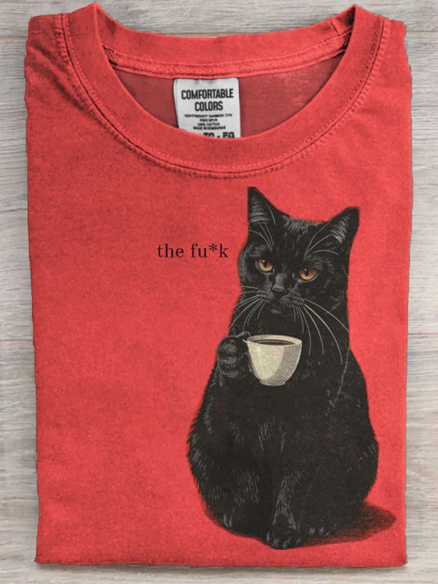Coffee-Drinking Black Cat Print Casual Koszulka z krótkim rękawem