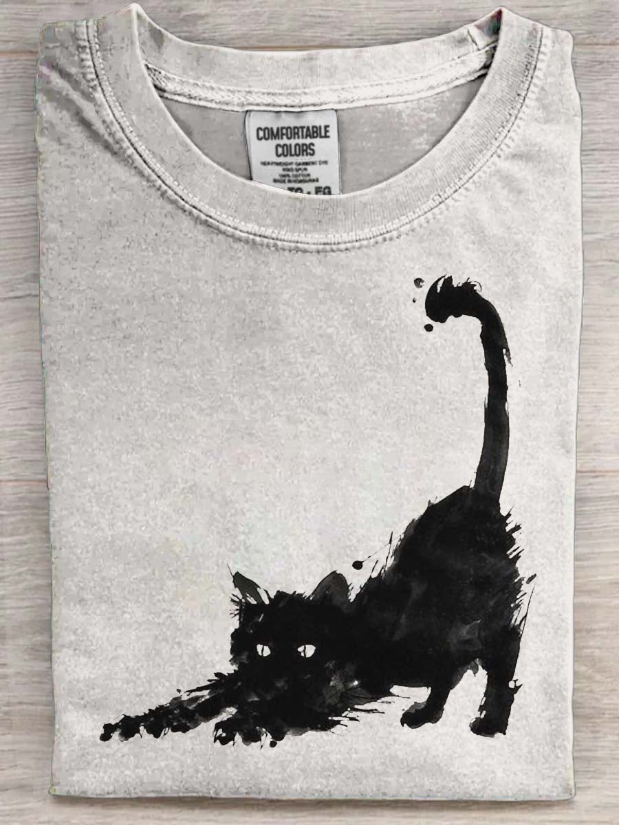 Ink-Wash Black Cat Print Casual Koszulka z krótkim rękawem