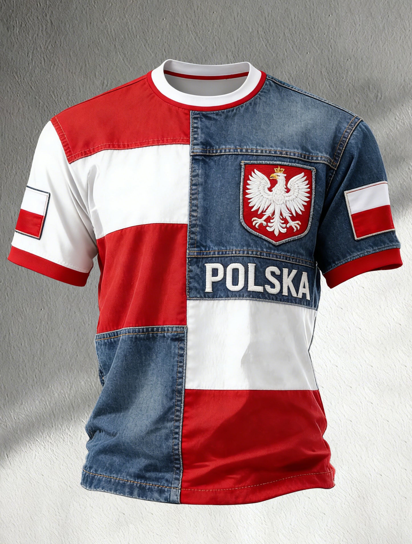 Męski wzór w kolorze polskiej flagi artystycznej Patchwork T-Shirt