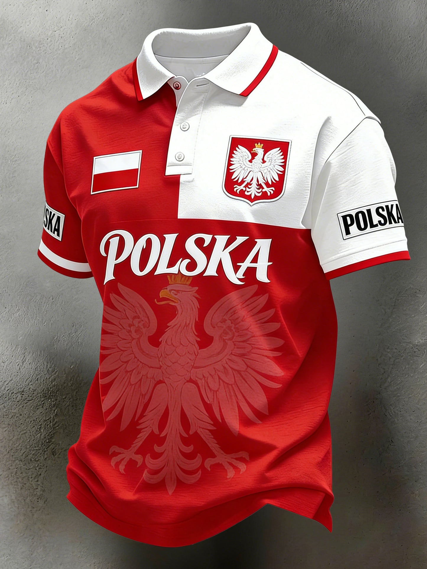 Męski koszulka polo w patchworkowym wzorze w kolorach flagi Polski z motywem artystycznym