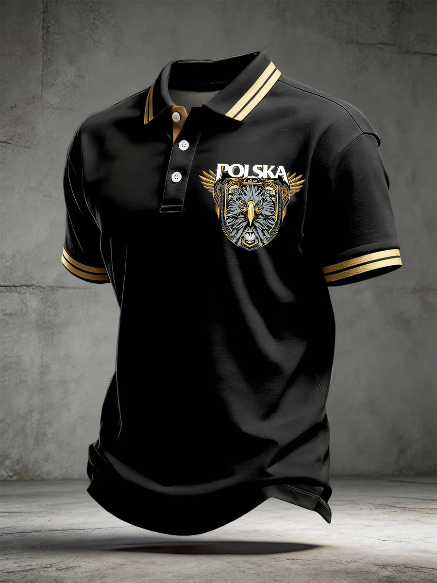 Koszulka polo w stylu vintage z polskim orłem w paski Patchwork