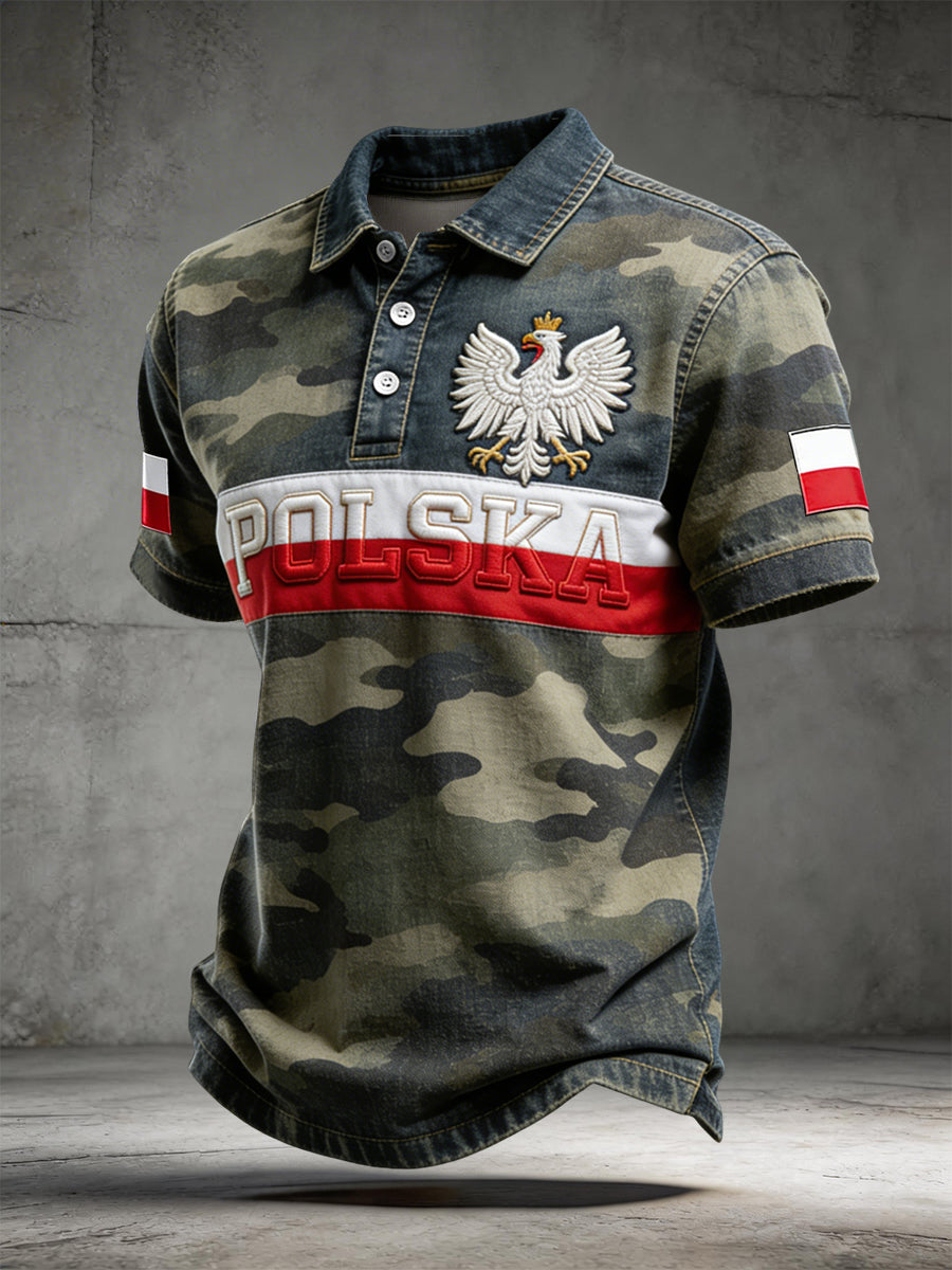 Vintage polski kamuflaż orzeł Patchwork Casual Koszulka polo