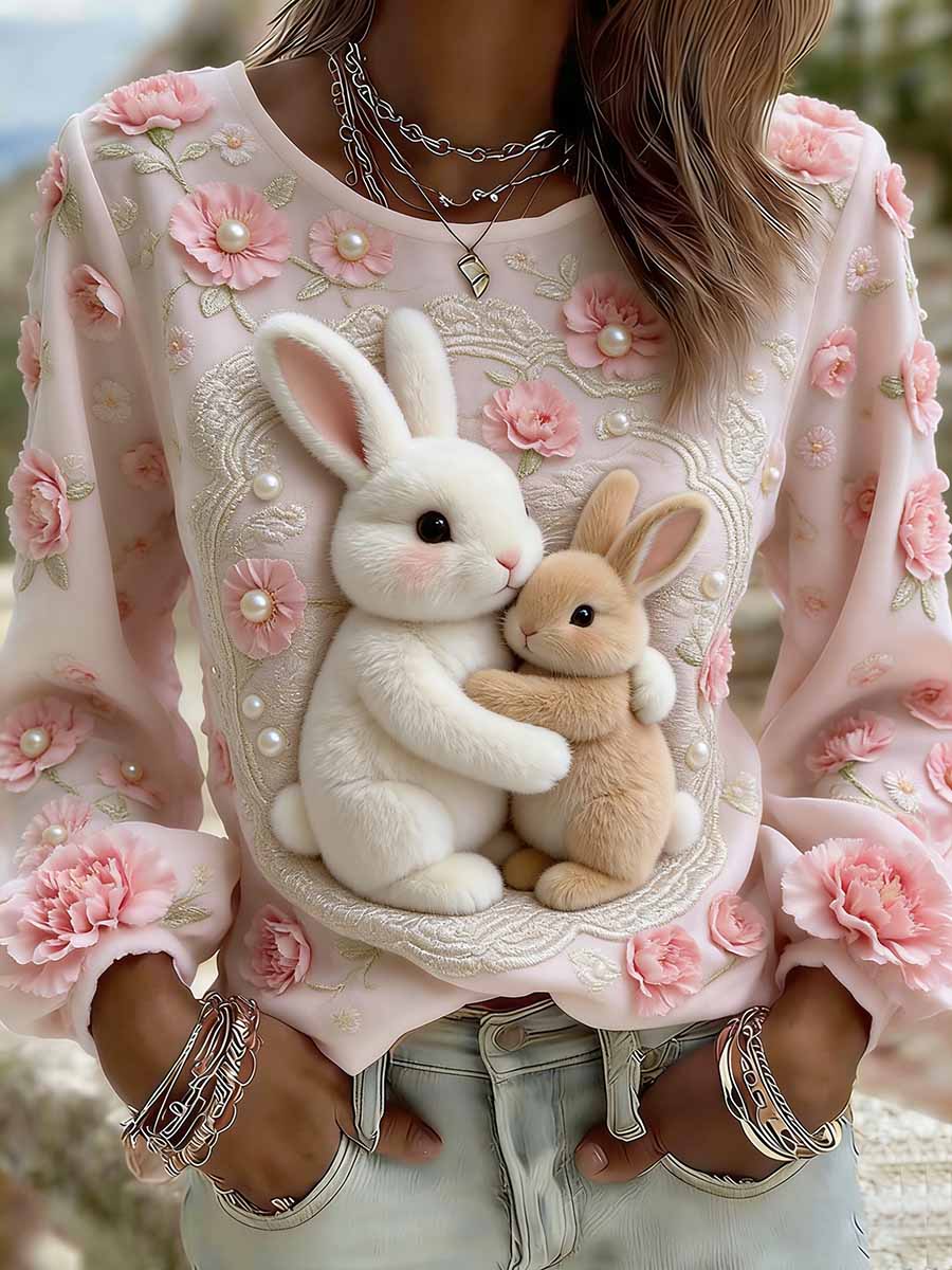 Elegancki damski top na co dzień z nadrukiem w motywy króliczka i napisem „Mom Love”