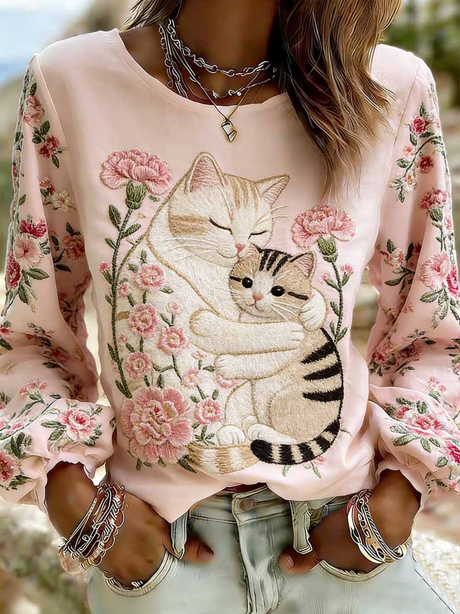 Elegancki damski kot mama miłość wzór z nadrukiem Casual Top