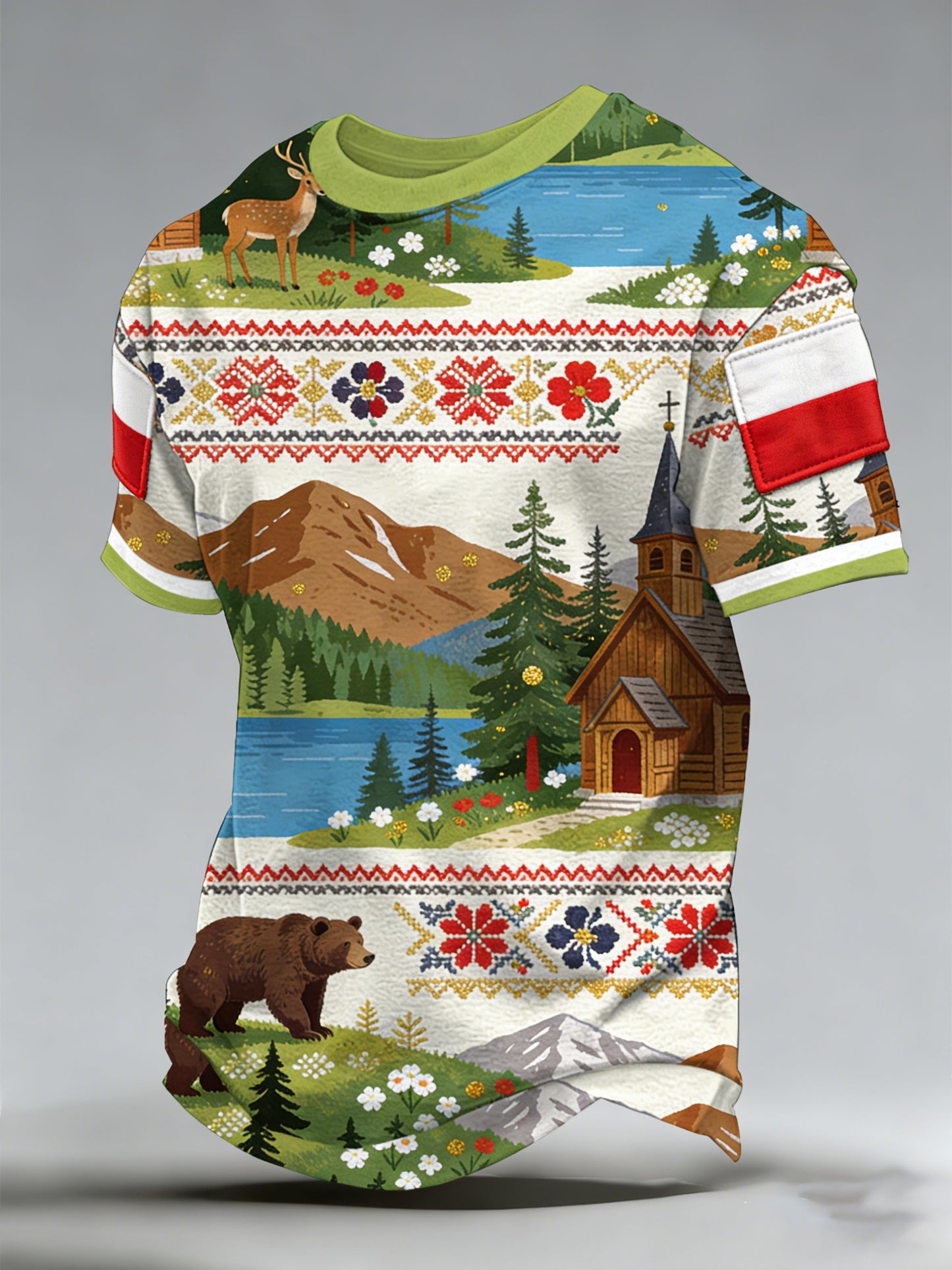 Męski t-shirt z polskim motywem kolarskim, outdoorowym, ze śnieżnymi górami, artystyczny nadruk