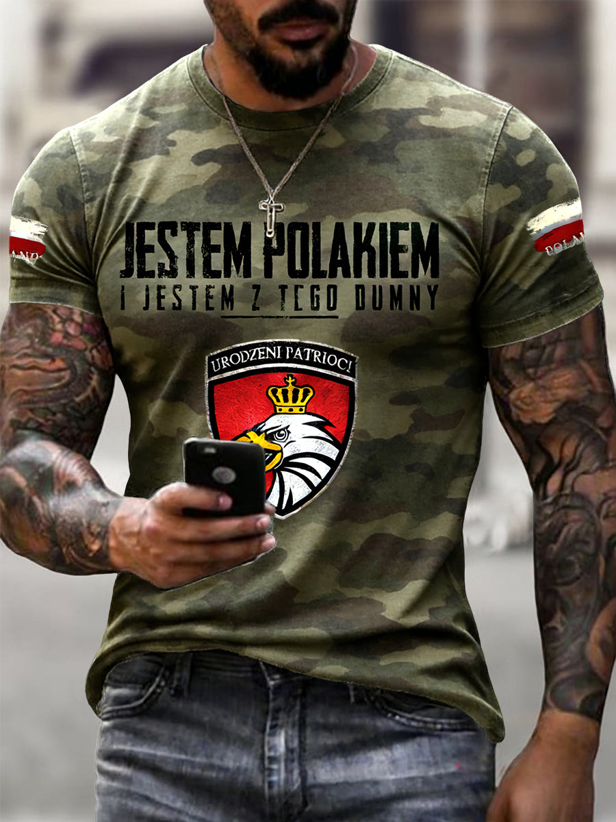 Męski Vintage Polski Orzeł Godło Kamuflaż Casual T-Shirt