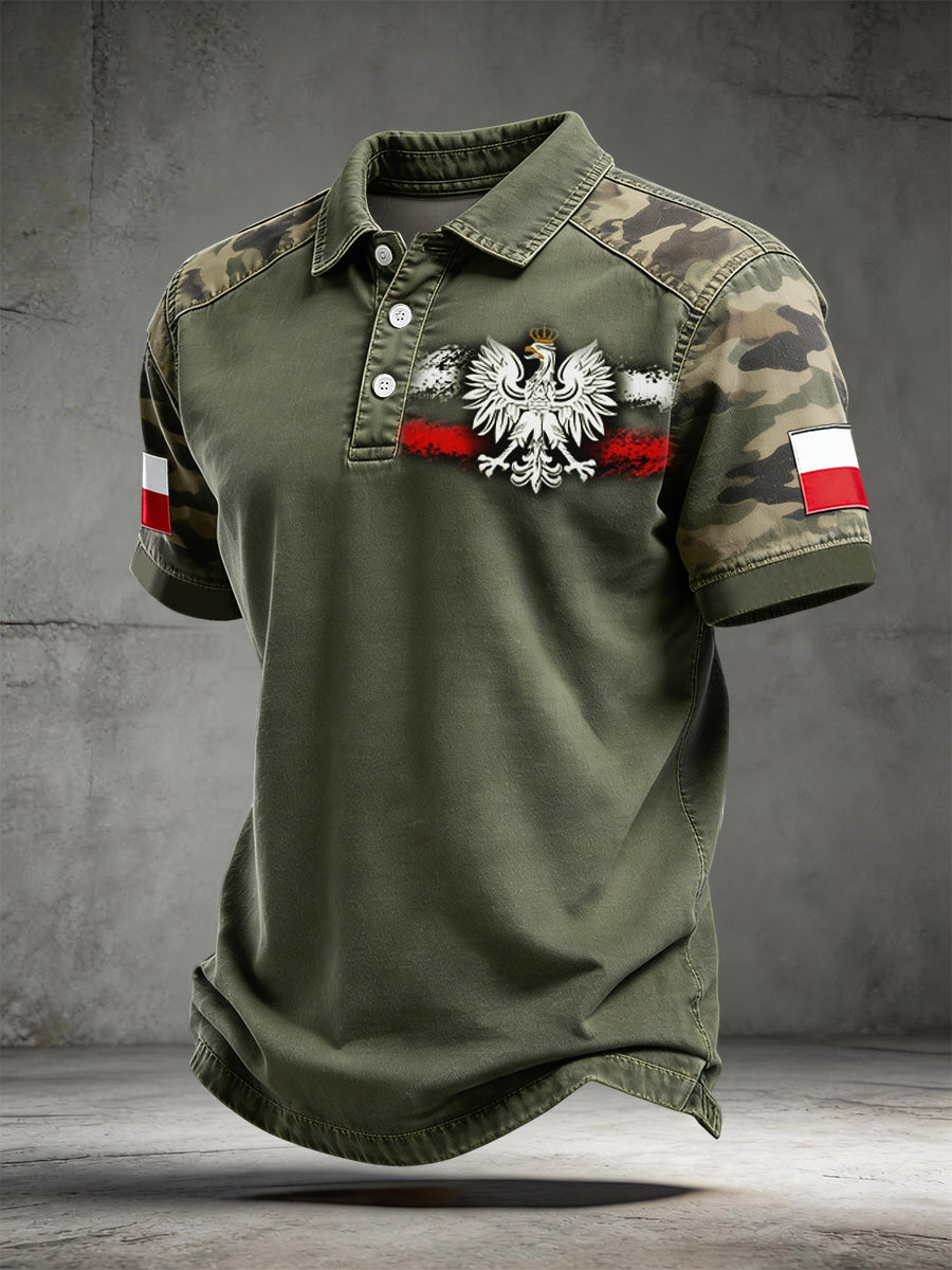 Vintage Polski Orzeł Camo Patchwork Artystyczny Casual Koszulka Polo