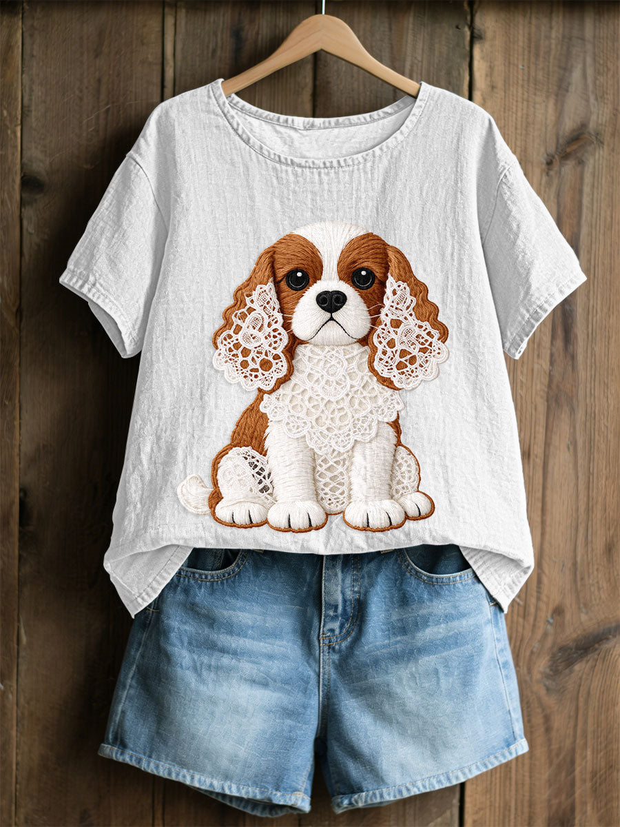 Damska koszulka z krótkim rękawem King Charles Spaniel z koronką dla psa
