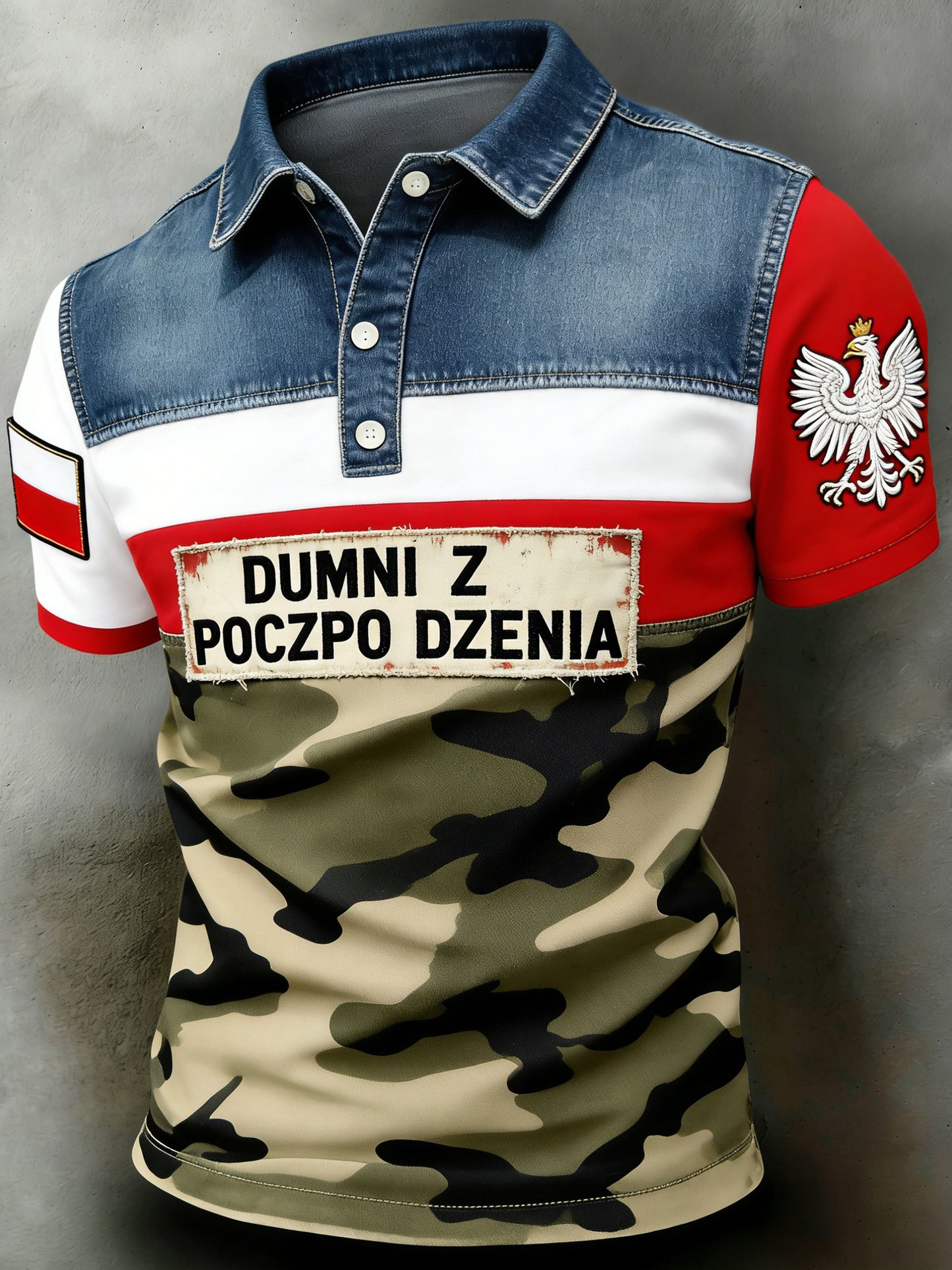 Męskie polo z polskim wzorem kamuflażowym i kontrastowymi wstawkami