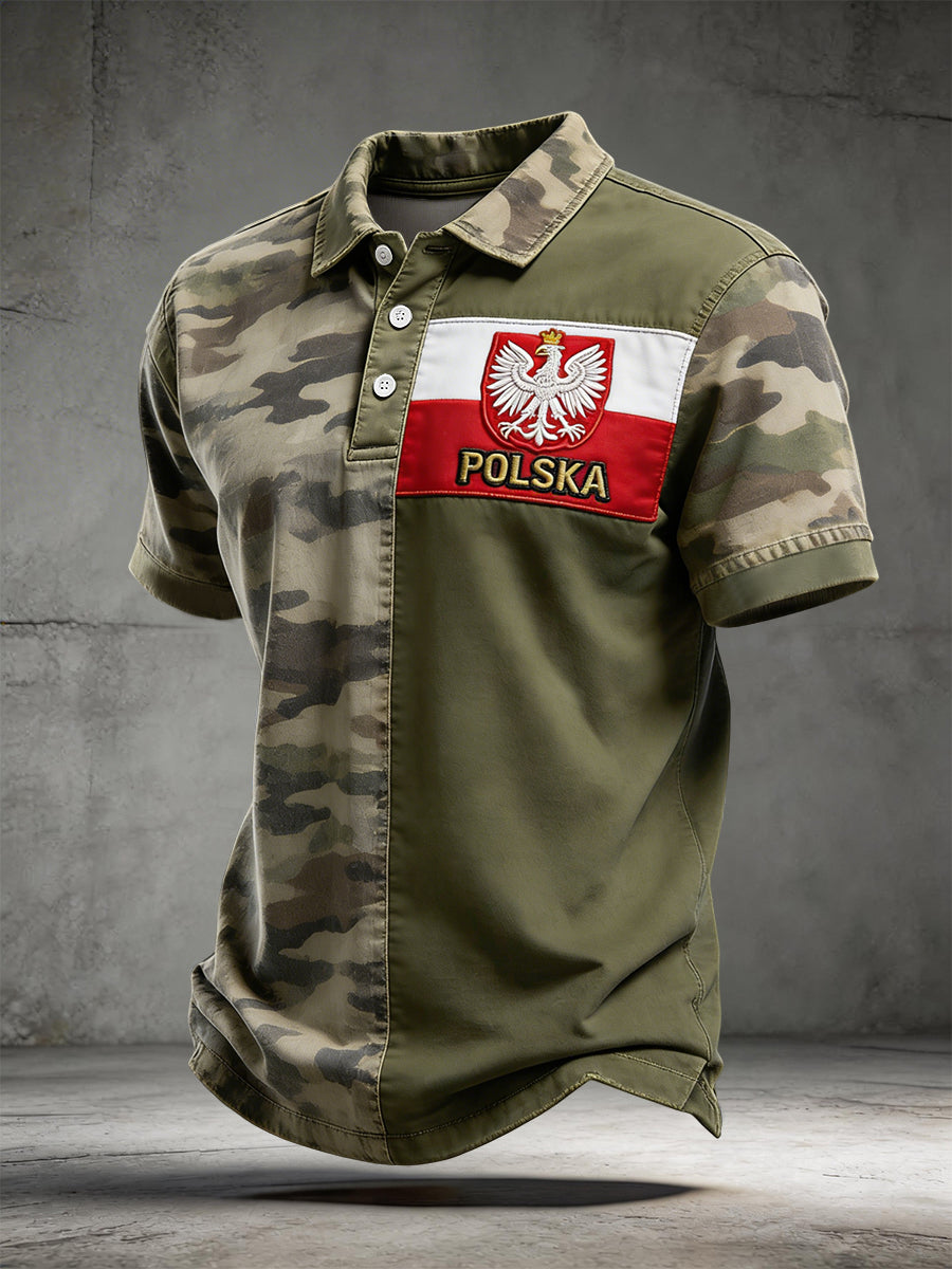 Retro polski emblemat kamuflaż Patchwork Casual Koszulka polo