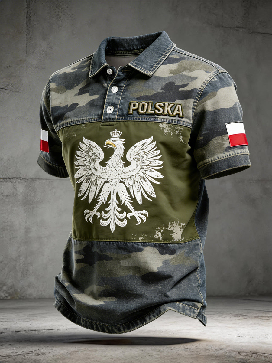Rocznicowa polska koszulka polo w stylu casual z patchworkowym wzorem w stylu wojskowym z orłem