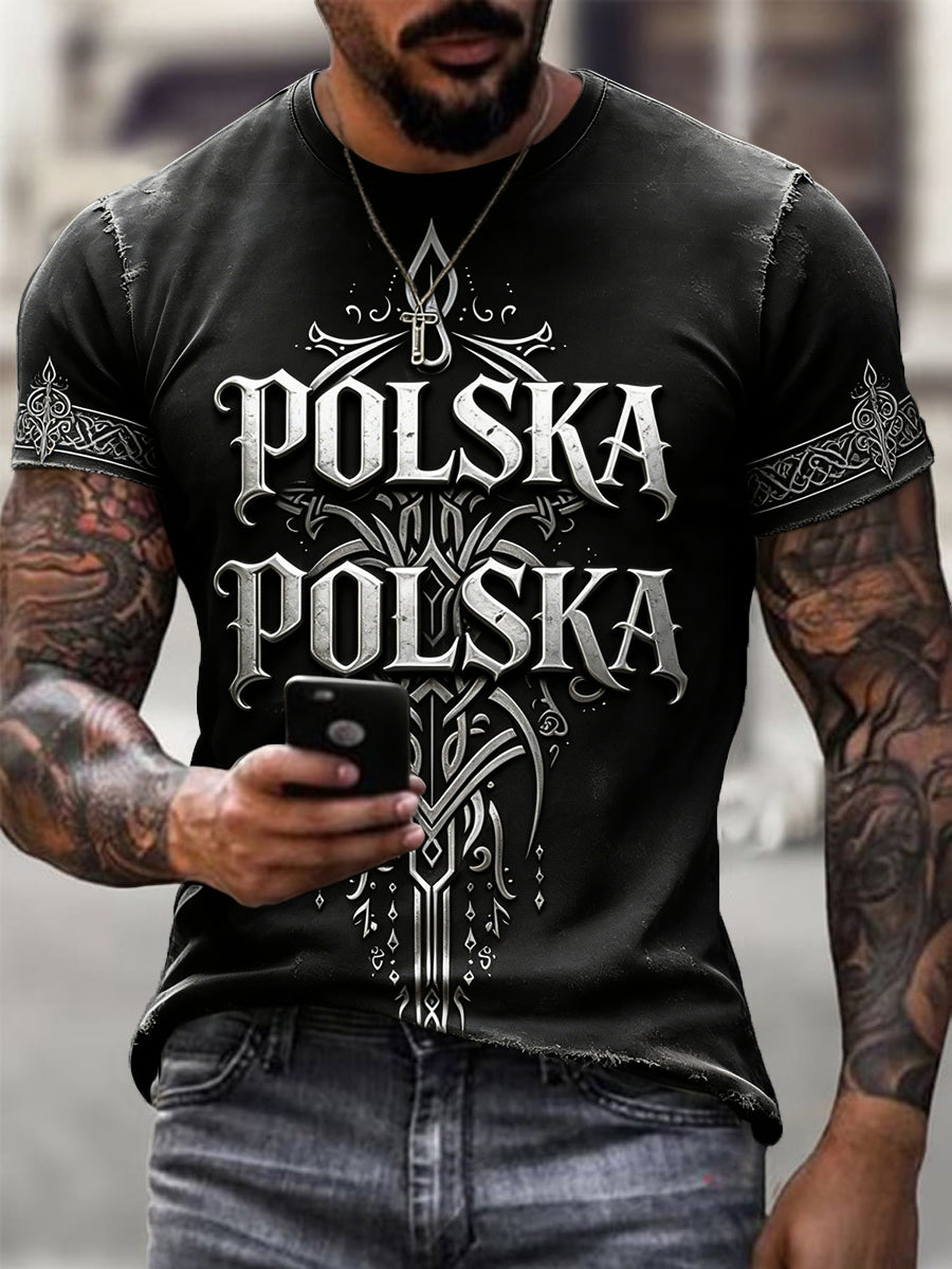 Męskie Retro Polski Słowiański Wzorzysty Abstrakcyjny Casual T-Shirt