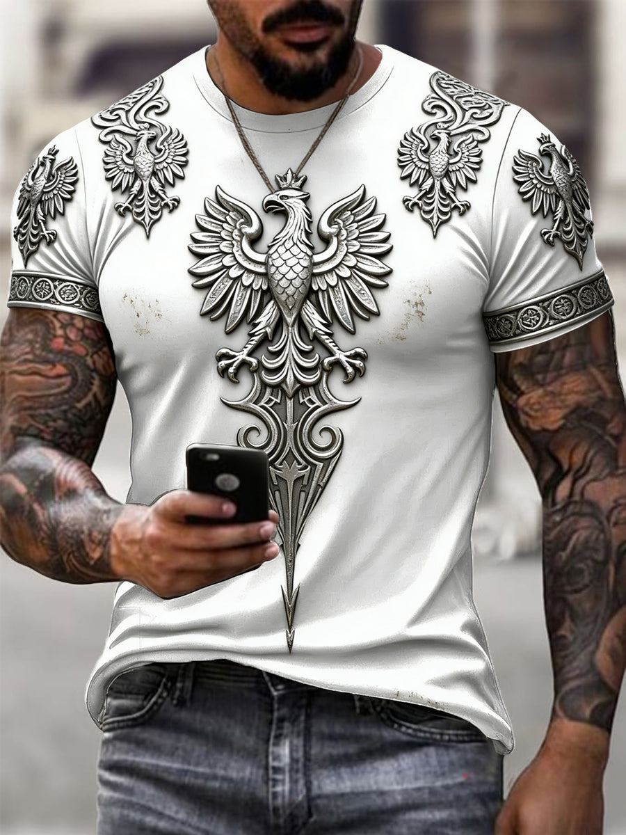 Męski Vintage Polski Słowiański Wzorzysty Orzeł Biały Casual T-Shirt