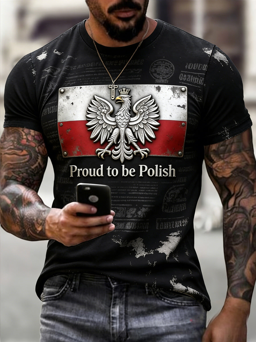 Męski codzienny t-shirt z efektem starzenia się tkaniny i nadrukiem polskiego orła