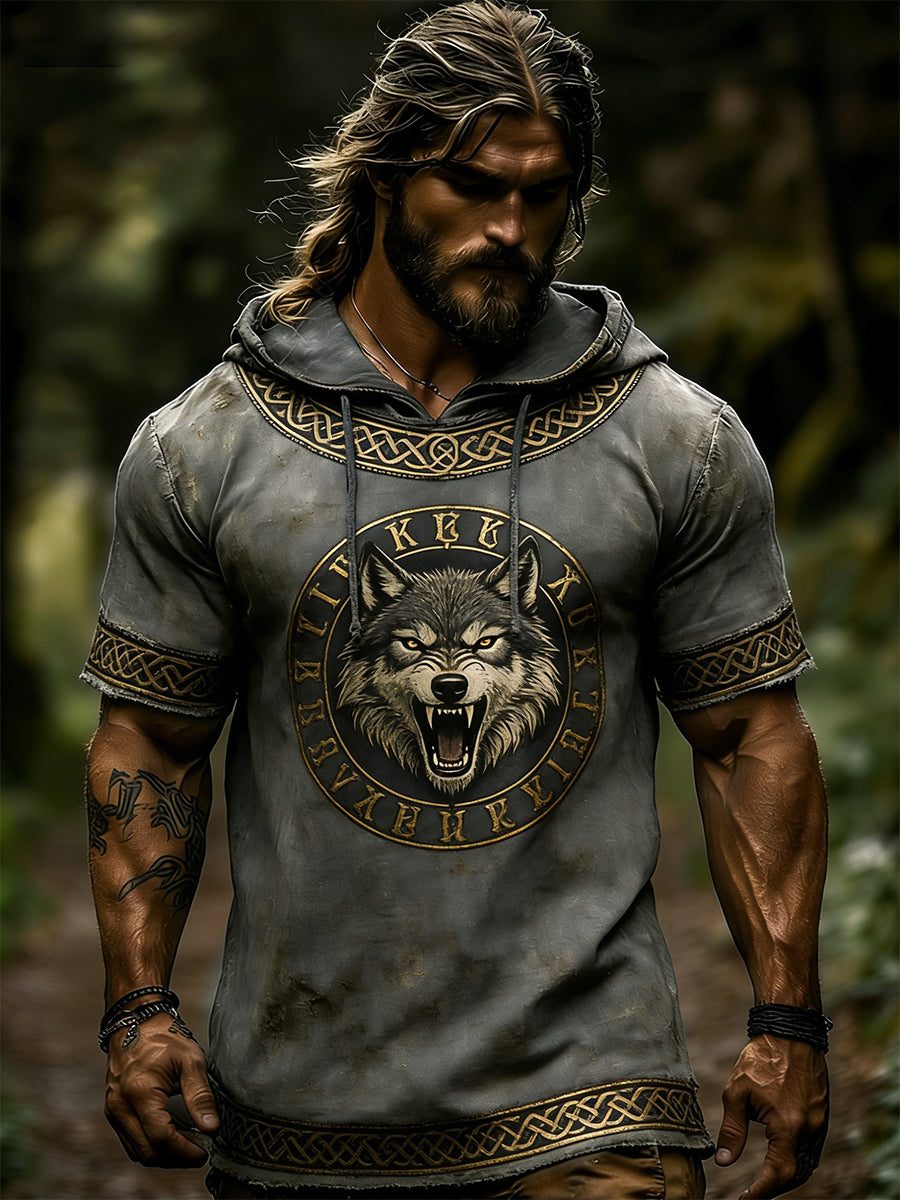 Męska bluza z kapturem i krótkim rękawem z nadrukiem w motywie wikingów