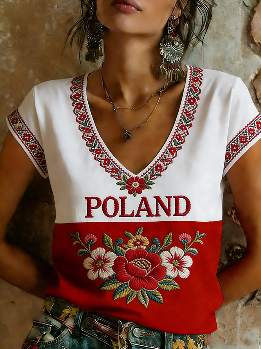 Damski top w etnicznym stylu z nadrukiem i dekoltem w kształcie litery V