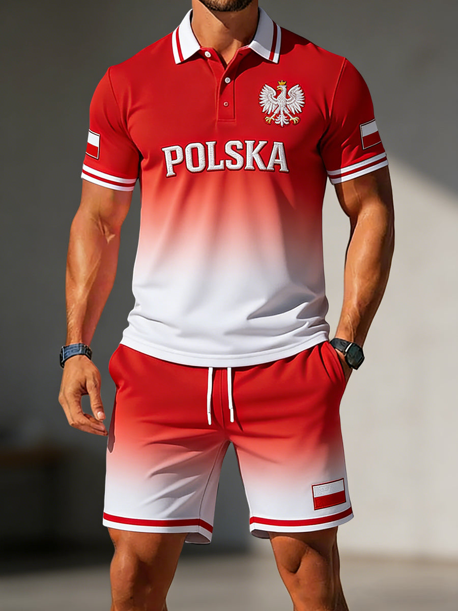 Męskie Retro Polski Gradient Casual Spodenki Polo Zestaw