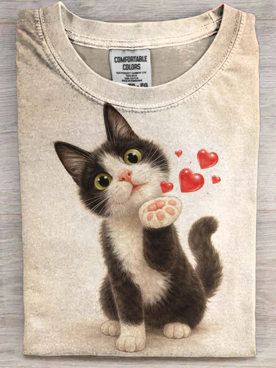 Kot w kształcie serca z nadrukiem Casual T-Shirt z krótkim rękawem