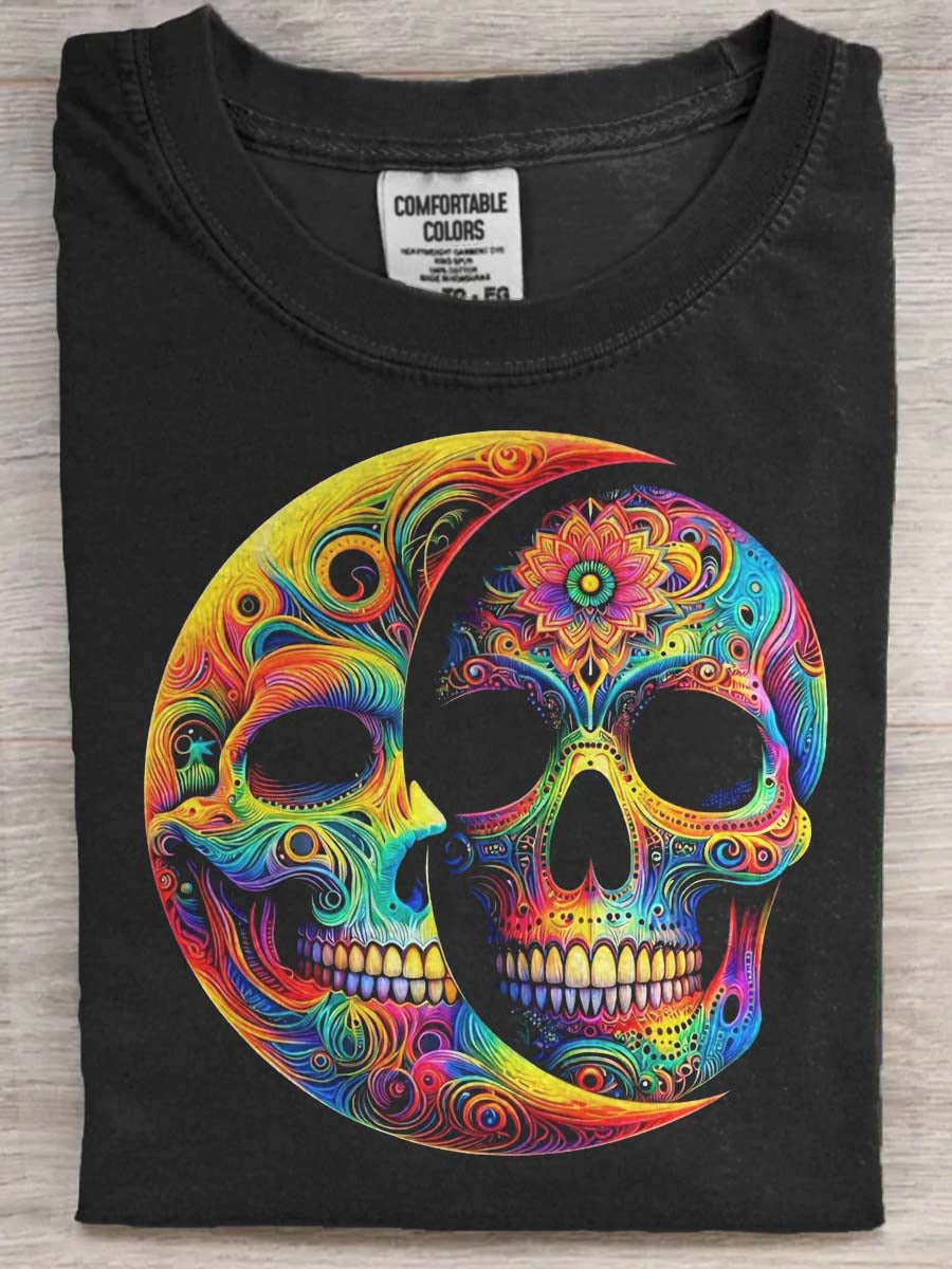 Rainbow Skull Print Casual Koszulka z krótkim rękawem