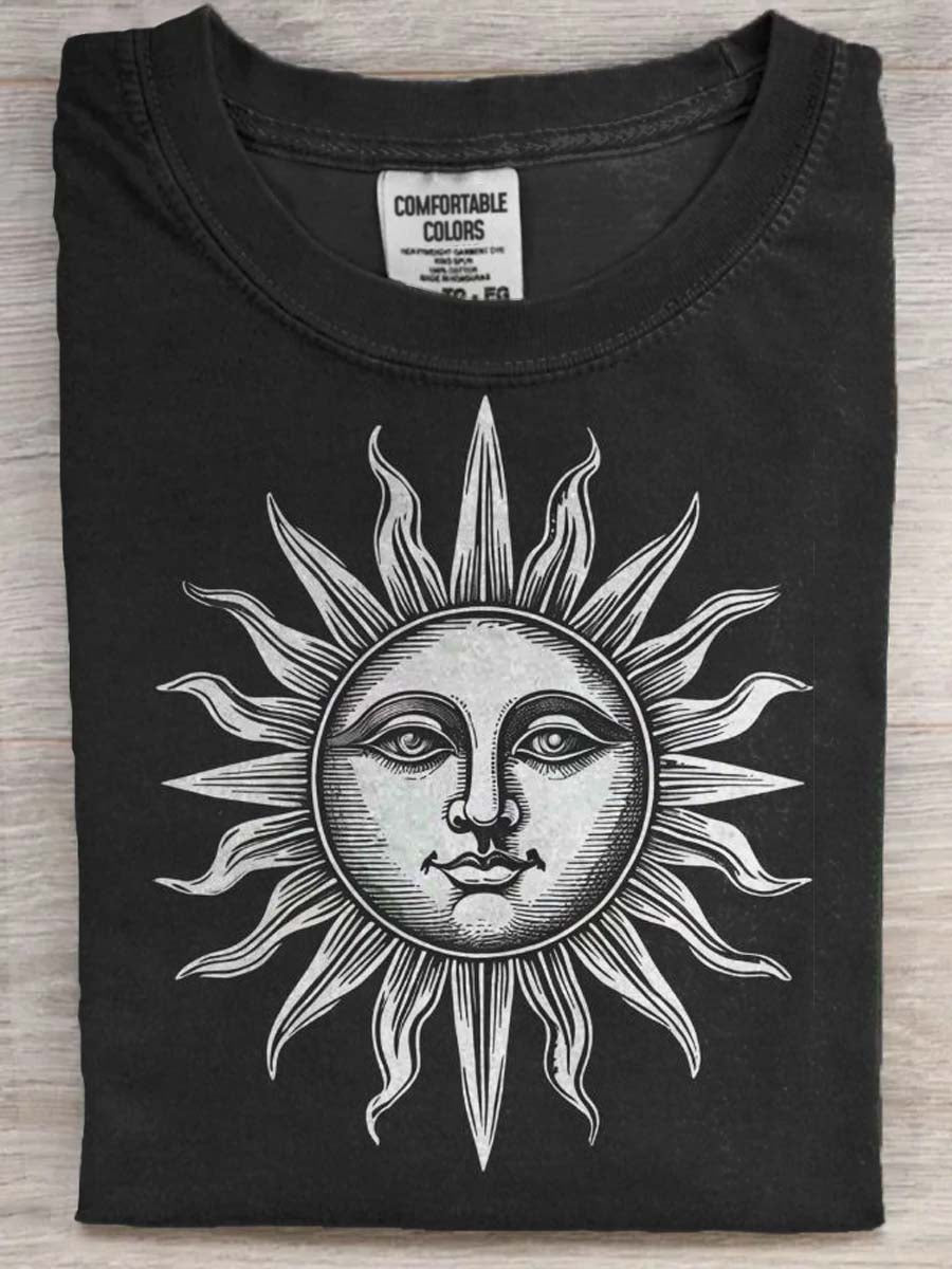 Retro Sun God Print Casual Koszulka z krótkim rękawem