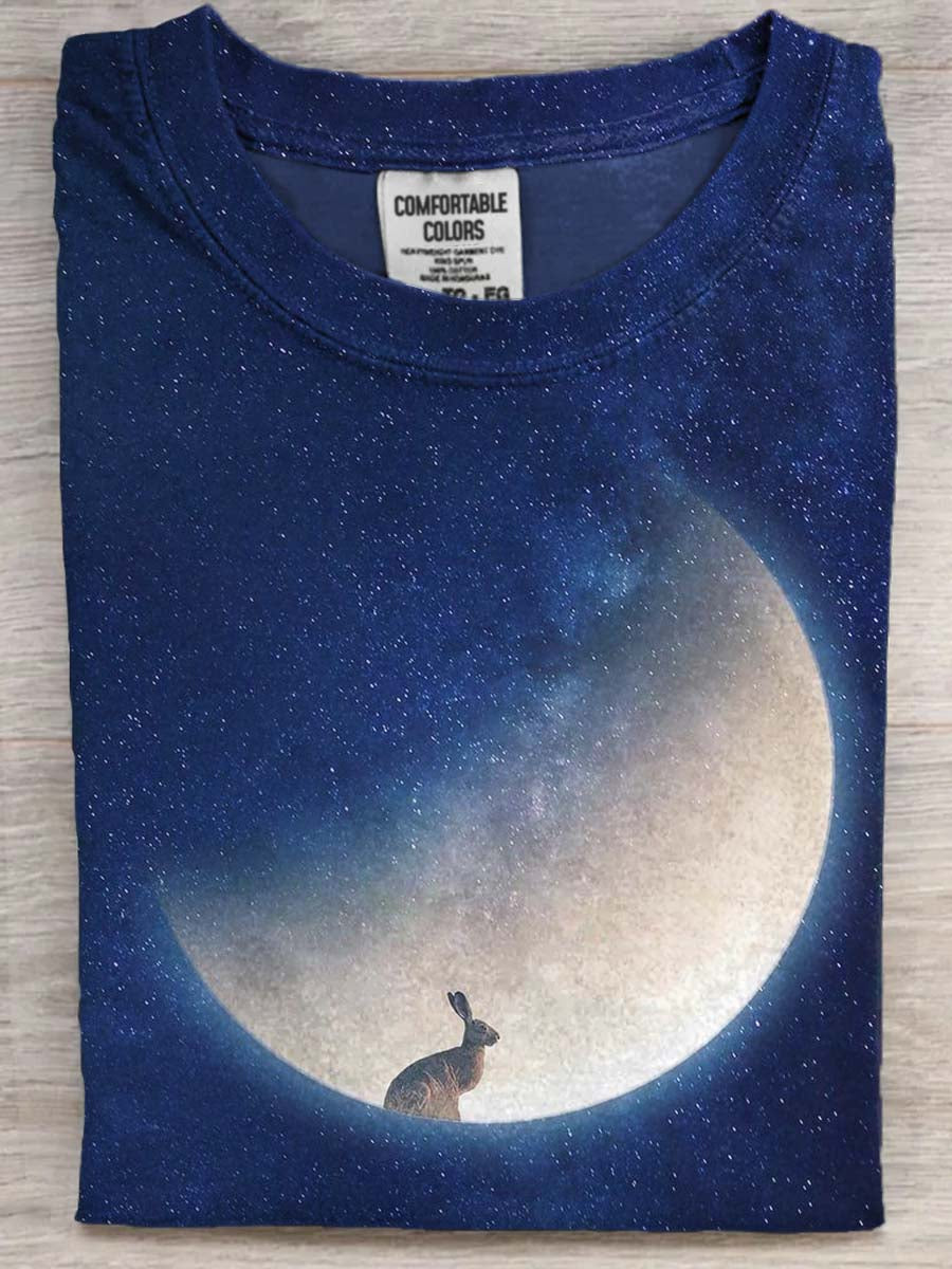 Starry Sky & Moon-Gazujący Hare Print Casual Koszulka z krótkim rękawem