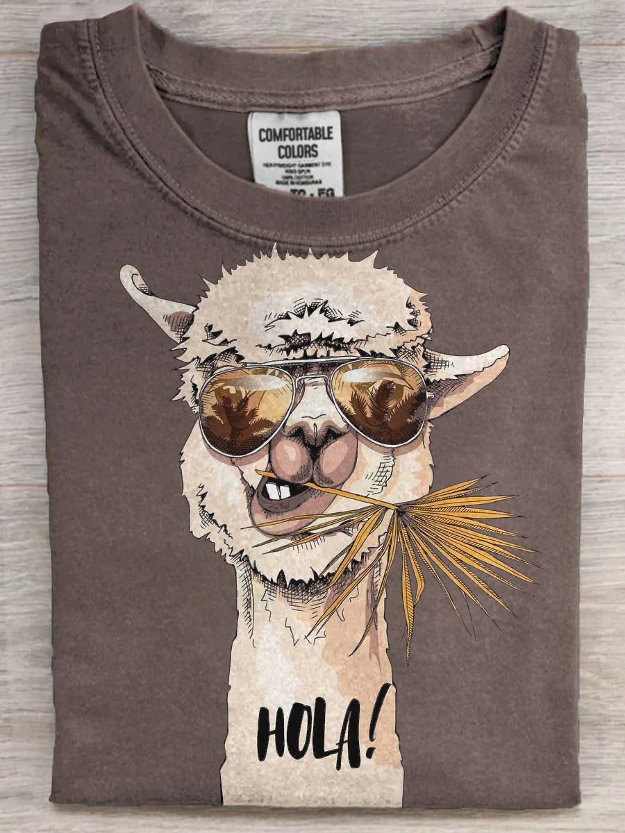 Cool Alpaca Print HOLA Casual Koszulka z krótkim rękawem