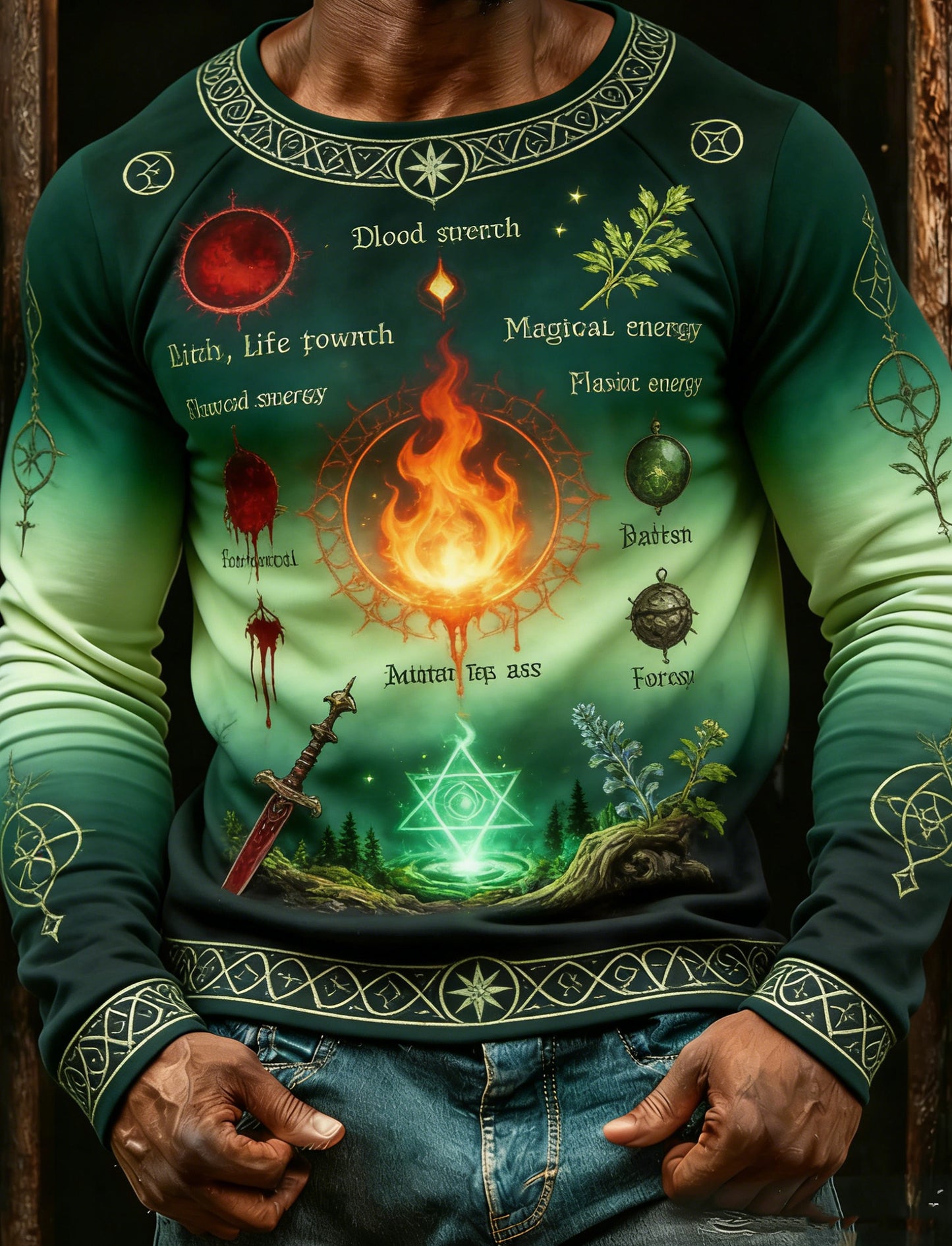 Męski t-shirt z długim rękawem z artystycznym nadrukiem w stylu polskiego czarodzieja „Magiczny Świat”
