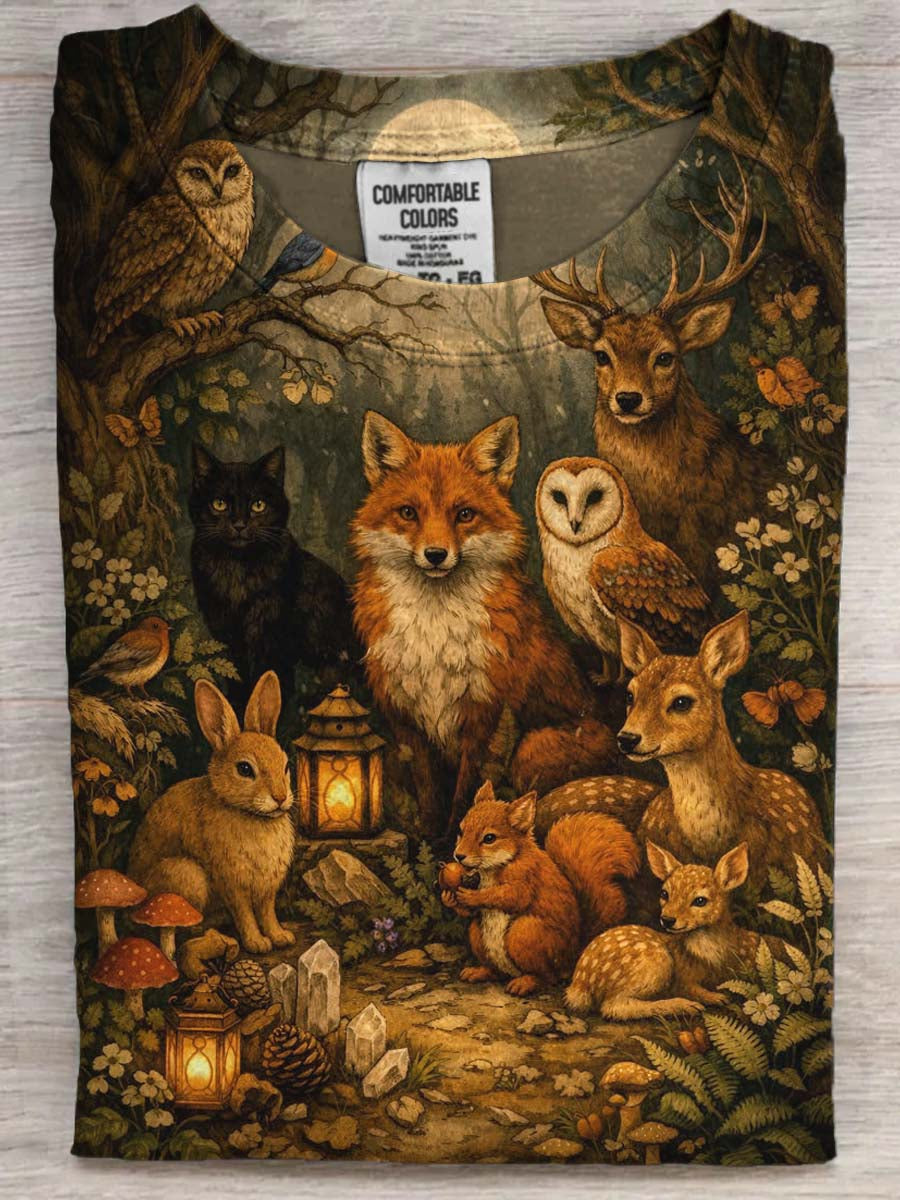 Animal Forest Gathering z nadrukiem Casual Koszulka z krótkim rękawem
