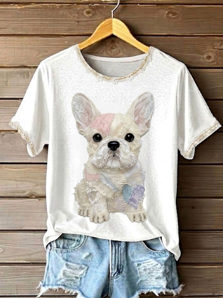 Kobiecy t-shirt artystyczny z psami, koronką, patchworkiem i nadrukiem
