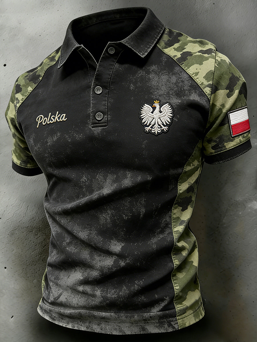 Męska casualowa koszulka polo z efektem znoszenia, kamuflażowym wzorem i patchworkowym nadrukiem