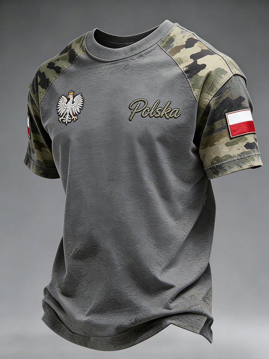 Męski t-shirt na co dzień w stylu distressed z kamuflażem i patchworkowym nadrukiem