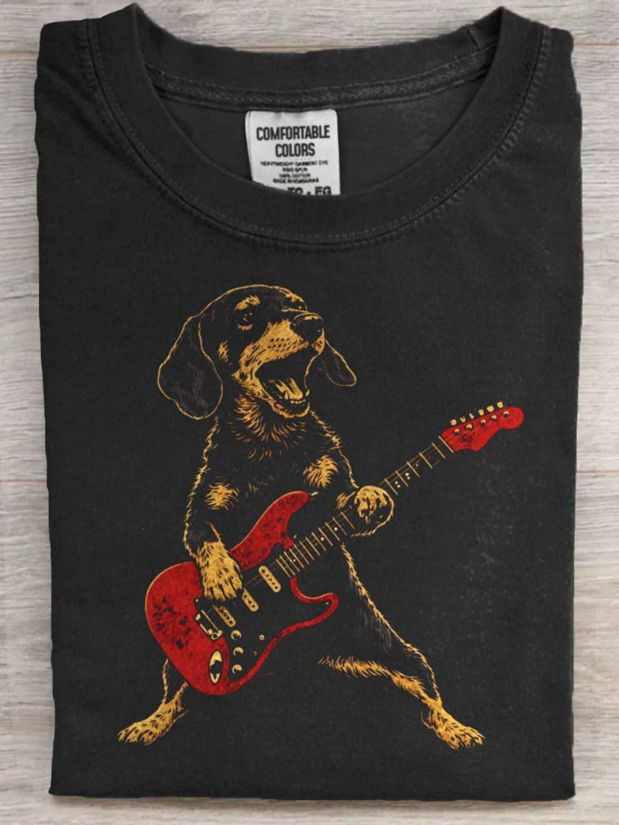 Jamnik Gitarzysta Print Casual Koszulka z krótkim rękawem