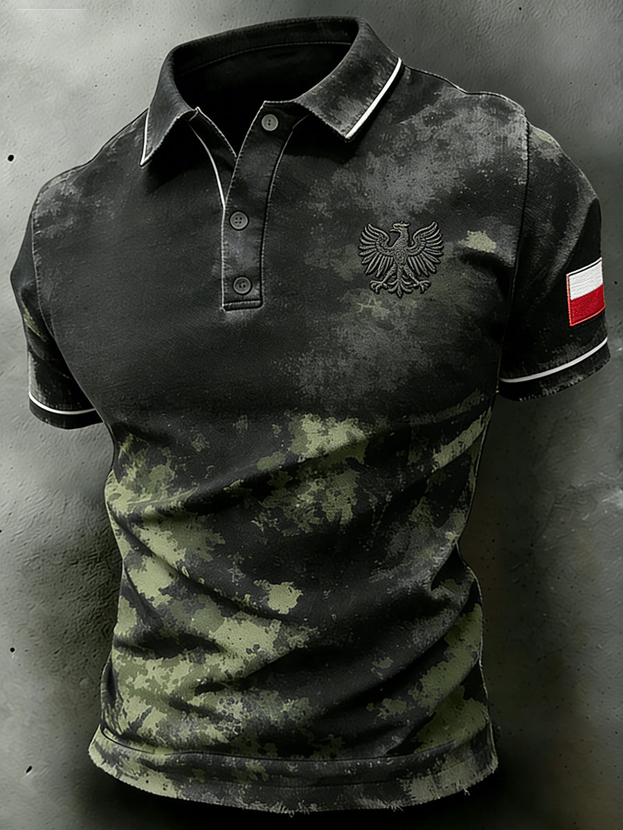 Męska koszulka polo z kamuflażowym nadrukiem w stylu distressed